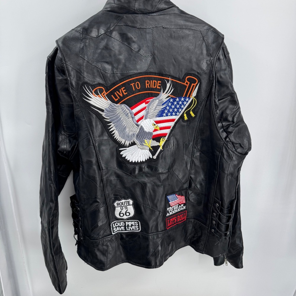 Diamond Plate Buffalo Leather Motorcycle Jacket 3X Black Vtg Patchwork‎ Eagle
